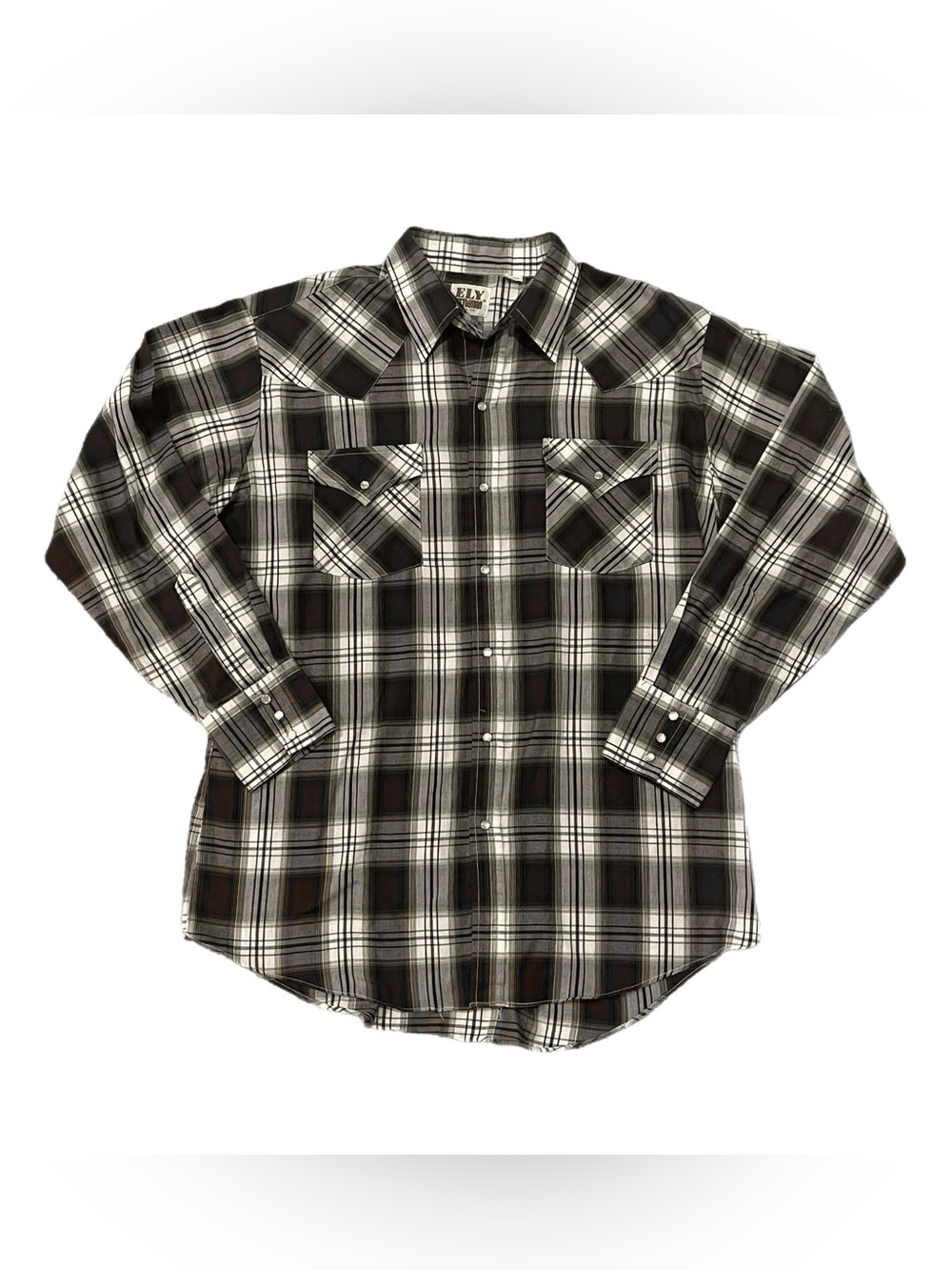 Ely Cattleman VTG 90s Pearl Snap Button Down Western Brown Plaid Long Sleeve L